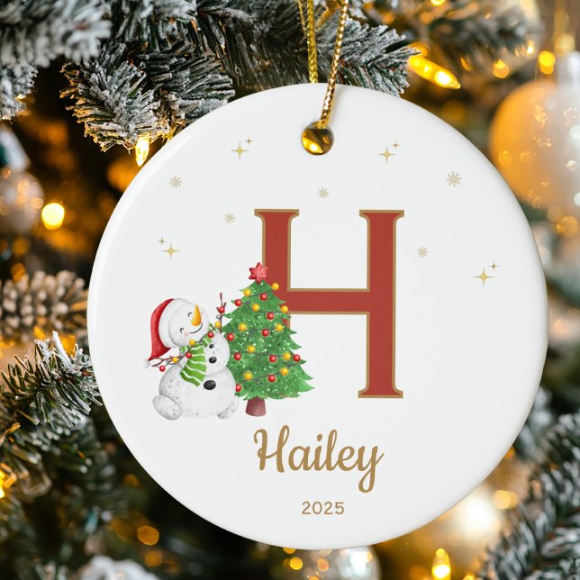 Personalised Initial Letter Custom Name Snowman Ceramic Tree Decoration (Creator Uploaded)