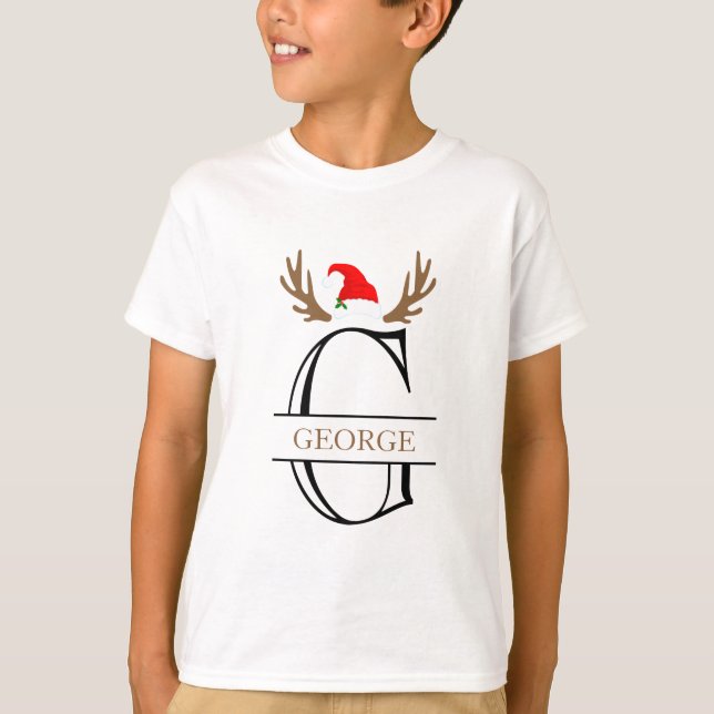  Personalised Initial Letter G Xmas Hat Antlers  T-Shirt (Front)