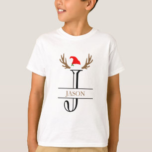  Personalised Initial Letter J Santa Hat Antlers T-Shirt