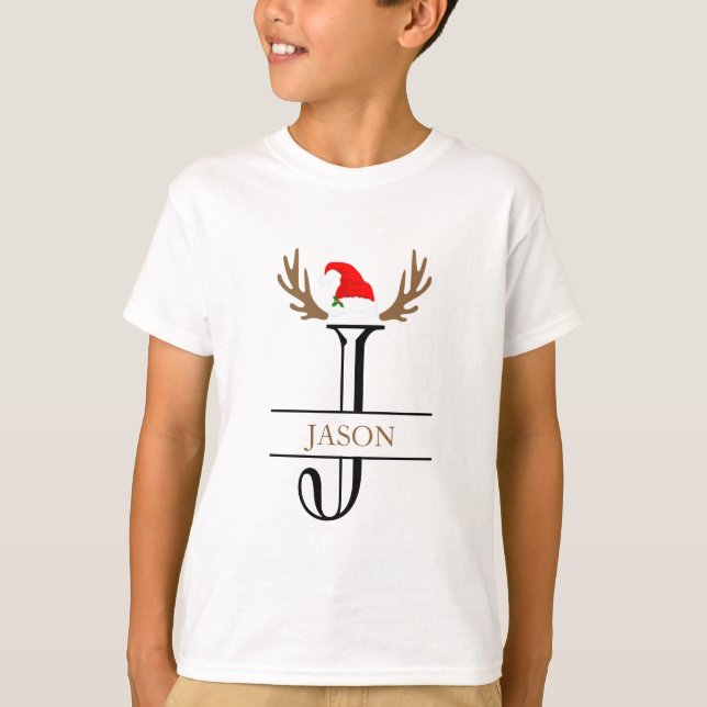  Personalised Initial Letter J Santa Hat Antlers T-Shirt (Front)