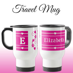 Personalised initial name pink travel mug