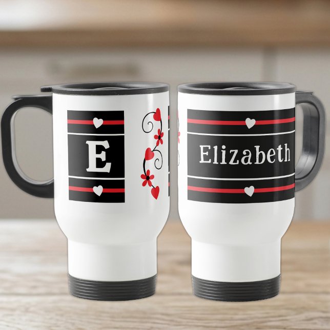 Personalised initial name red black travel mug (Creator Uploaded)