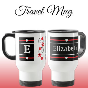 Personalised initial name red black travel mug