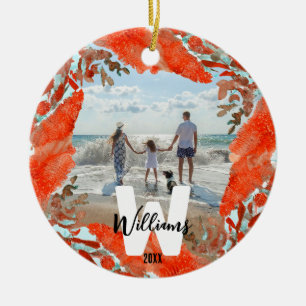 Personalised Initial, Name, & Year Red Coral Ceramic Tree Decoration