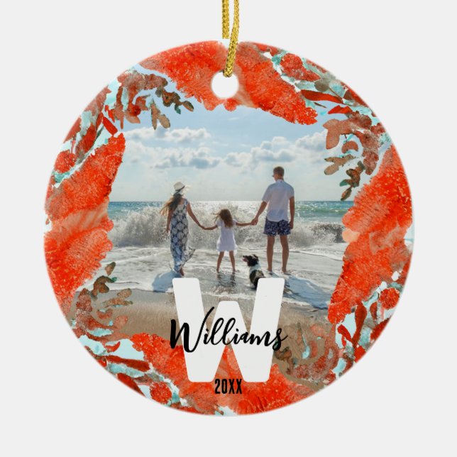 Personalised Initial, Name, & Year Red Coral  Ceramic Tree Decoration (Front)