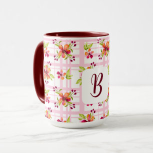 Personalised Initial on Red Berry Blooms Plaid Mug