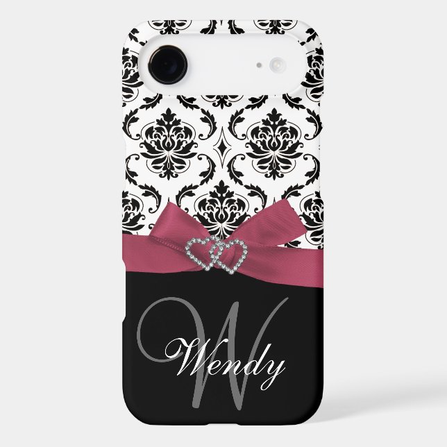 Personalised Initial, Pink, Black Damask Case (Back)