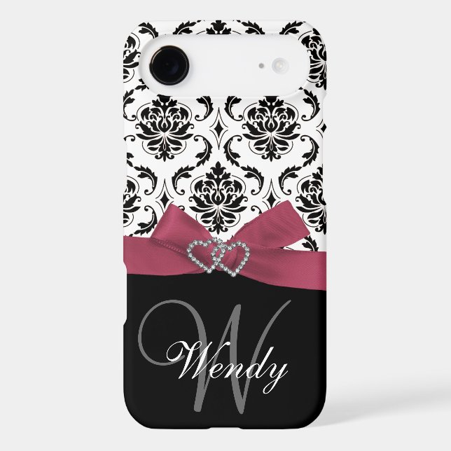 Personalised Initial, Pink, Black Damask Pattern Case-Mate iPhone Case (Back)