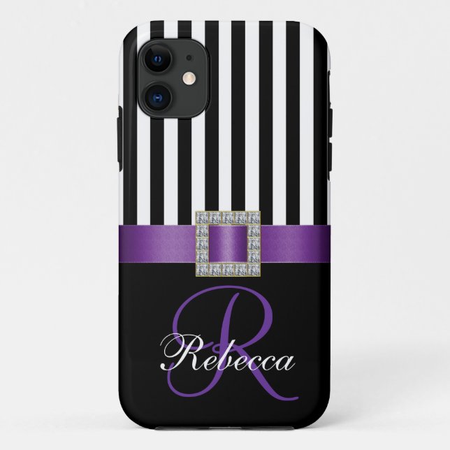 Personalised Initial Purple Black Stripes Pattern Case-Mate iPhone Case (Back)