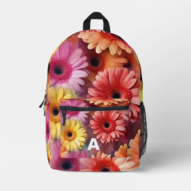 Personalised Initial Watercolor Gerbera Flowers Printed Backpack (Front)