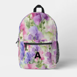 Personalised Initial Watercolor Sweet Pea Flowers  Printed Backpack