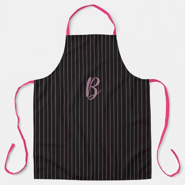 Personalised/Initialled black & pink striped apron (Front)