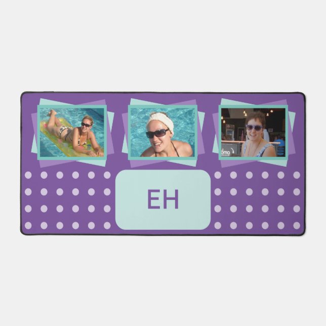 Personalised initials 3 photo polka dots purple desk mat (Front)