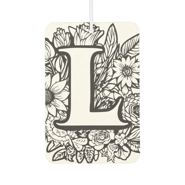 Personalised Ink Flower Monogram Black and White Car Air Freshener (Front)