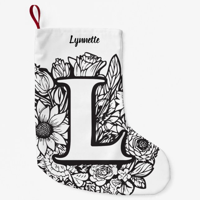 Personalised Ink Flower Monogram Black and White Small Christmas Stocking (Front)