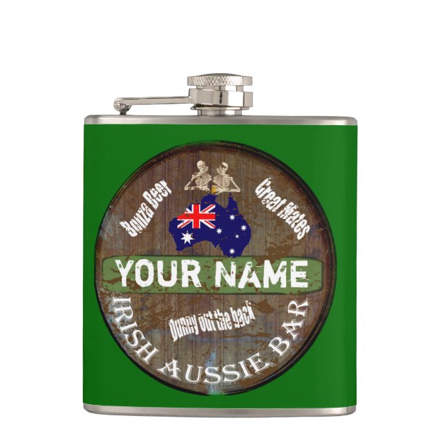 Personalised Irish Australian Pub sign Hip Flask (Front)