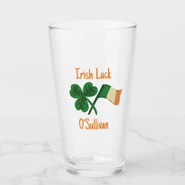 Personalised Irish Luck Clover Beer Glass Tumbler (Front)
