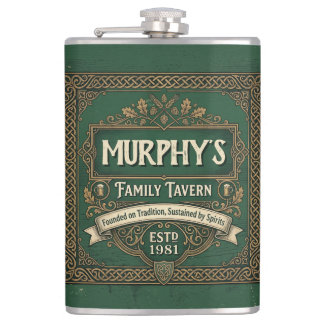 Personalised Irish Pub Family Tavern Vintage Green Hip Flask