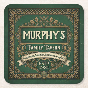 Personalised Irish Pub Family Tavern Vintage Green Square Paper Coaster
