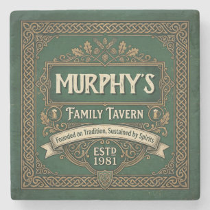 Personalised Irish Pub Family Tavern Vintage Green Stone Coaster