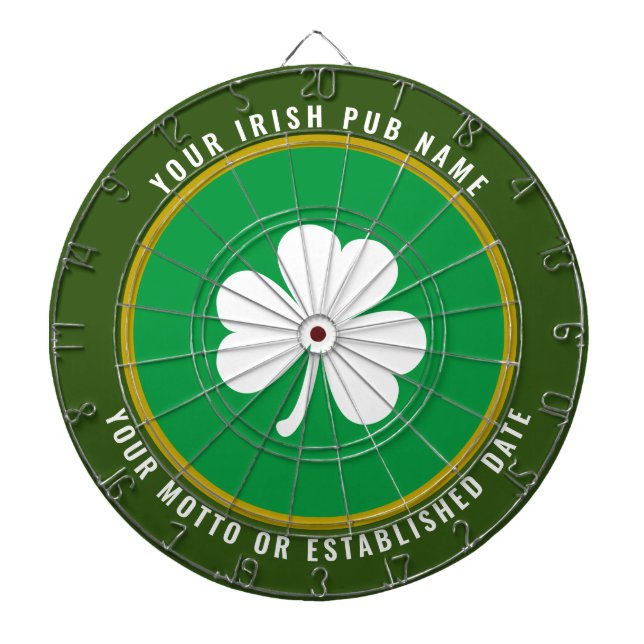 Personalised Irish Pub Green & Gold White Shamrock Dartboard (Front)