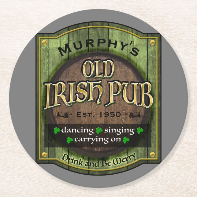 Personalised,  Irish Pub Sign Round Paper Coaster (Front)