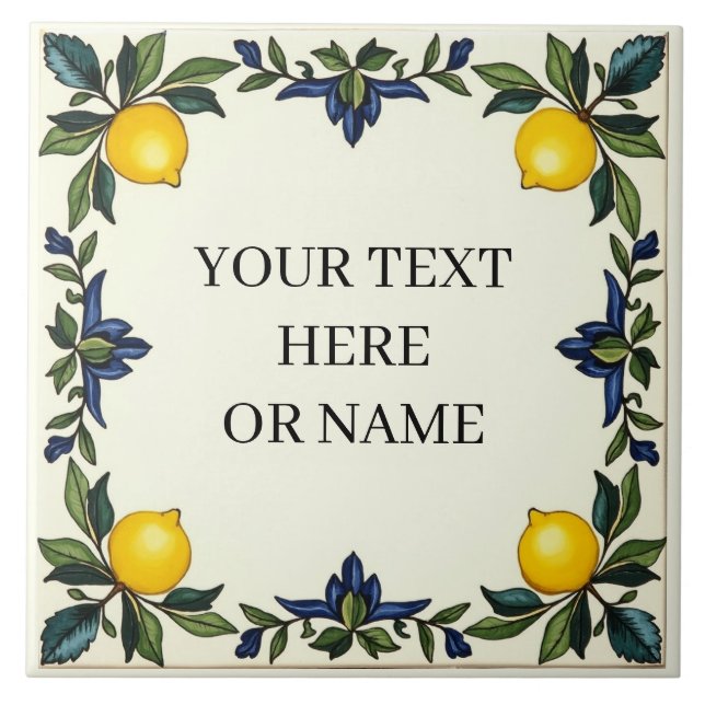 Personalised Italian Ceramic Lemon Tile Blue (Front)