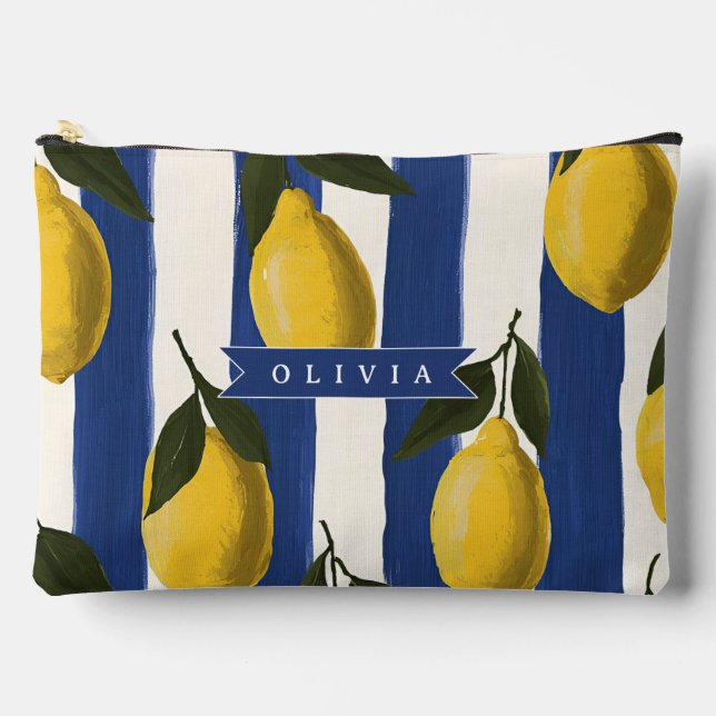 Personalised Italian Lemon Stripe Coastal  Accessory Pouch (Front)