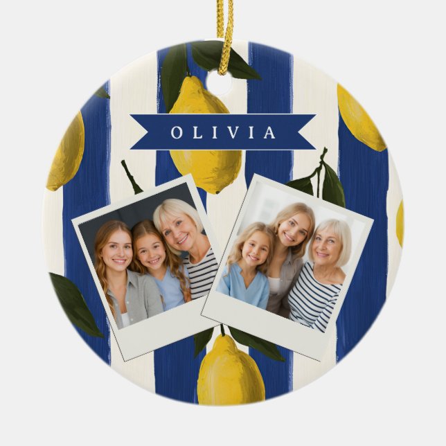 Personalised Italian Lemon Stripe Coastal  Ceramic Tree Decoration (Front)