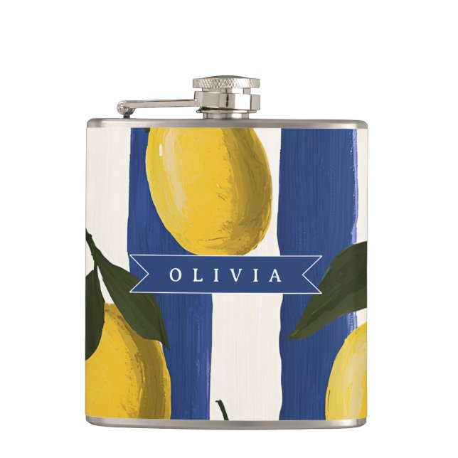 Personalised Italian Lemon Stripe Coastal  Hip Flask (Front)