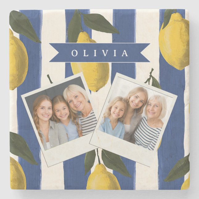 Personalised Italian Lemon Stripe Coastal  Stone Coaster (Front)