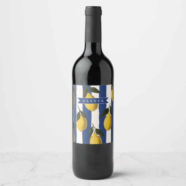 Personalised Italian Lemon Stripe Coastal  Wine Label (Front)