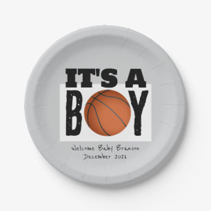 Personalised Its a Boy Basketball Baby Shower Grey Paper Plate