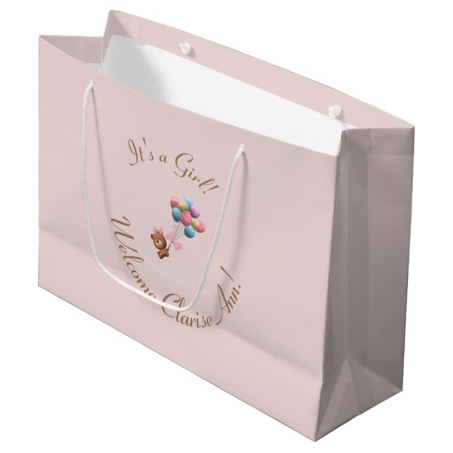 Personalised It's a Girl Cute Bear and Balloons  Large Gift Bag (Front Angled)
