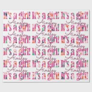 Personalised It's A Girl Magenta Floral Font Wrapping Paper