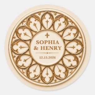 Personalised Ivory and Gold Gothic Wedding Classic Round Sticker