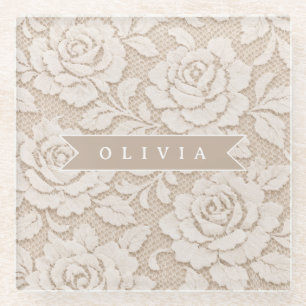 Personalised Ivory Lace Bridal Elegant Vintage Glass Coaster