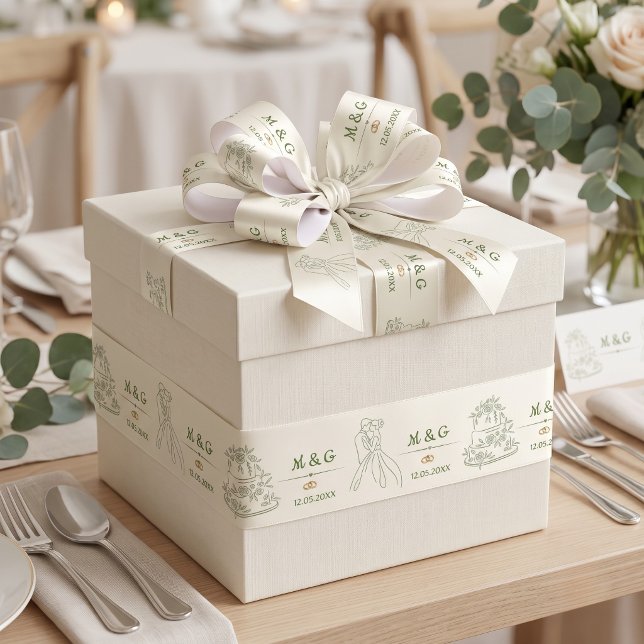 Personalised  Ivory Sage Green Wedding Monogram Satin Ribbon (Creator Uploaded)