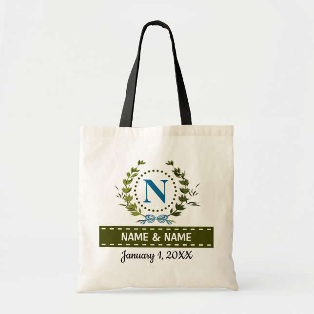 Personalised Ivy Wreath Wedding Date Monogram N Tote Bag (Front)