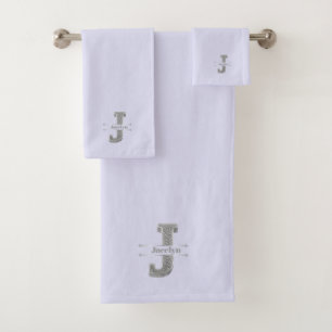 Personalised J Initial Silver Monogram Your Name Bath Towel Set