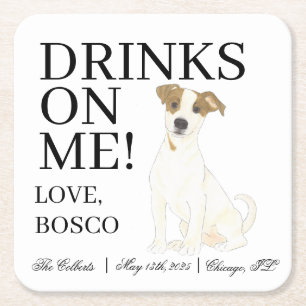Personalised Jack Russell Terrier Dog Wedding Square Paper Coaster