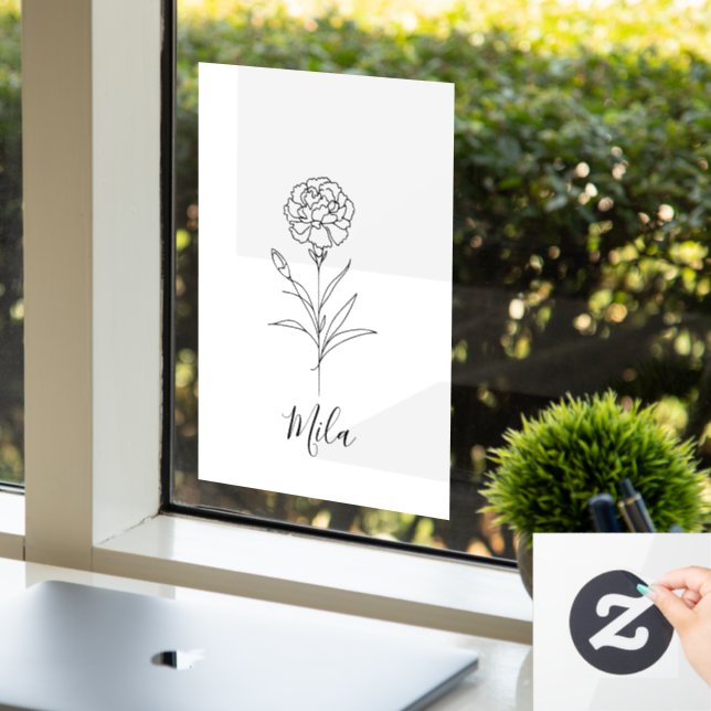 Personalised January Carnation Birth Flower  Window Cling (Office)