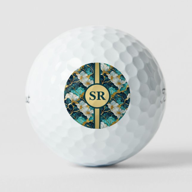 Personalised Japanese Floral Teal Gold Golf Balls (Front)