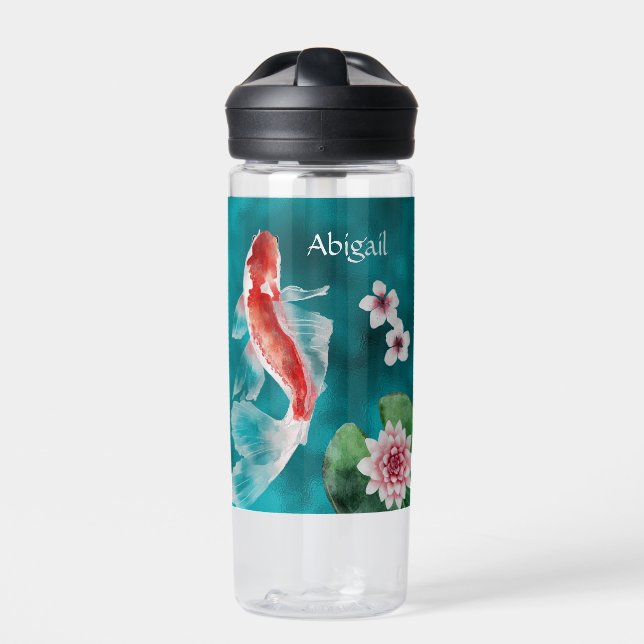 Personalised Japanese Koi Fish, Cherry Blossoms Water Bottle (Front)