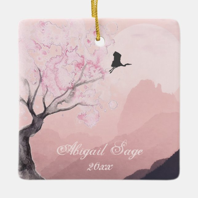 Personalised Japanese Mountain Scene Christmas Ceramic Ornament (Front)