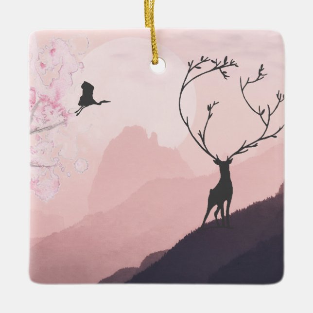 Personalised Japanese Mountain Wildlife Christmas Ceramic Ornament (Front)