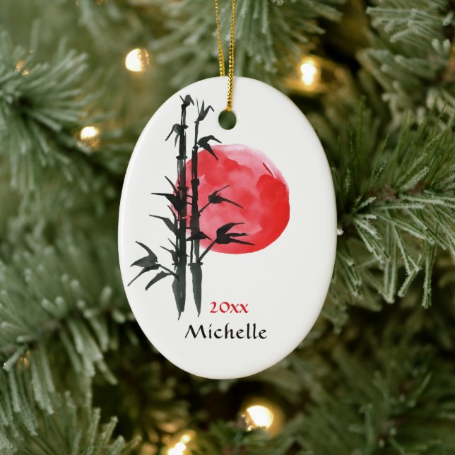 Personalised Japanese Sun and Bamboo Christmas Ceramic Tree Decoration (Tree)