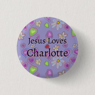 Personalised Jesus Loves Charlotte Purple Button
