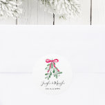 Personalised Jingle And MIngle Christmas Classic Round Sticker<br><div class="desc">These Christmas party sticker are decorated with watercolor green mistletoe,  a red ribbon,  and stylish script typography that says "Jingle And Mingle"
Easily customisable.
Original Watercolour © Michele Davies.</div>
