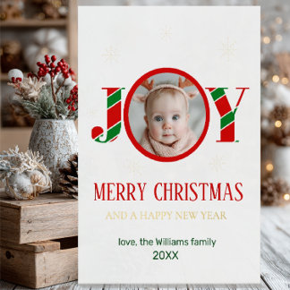 Personalised Joy Christmas Photo Foil Greeting Card